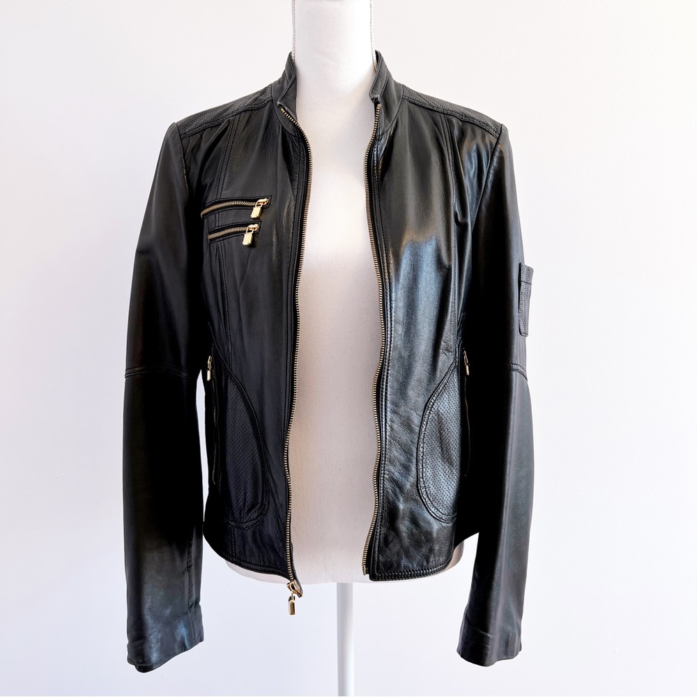 Laundry by Shelli Segal Leather Jacket, Black Moto Jacket, Gold Hardware, L